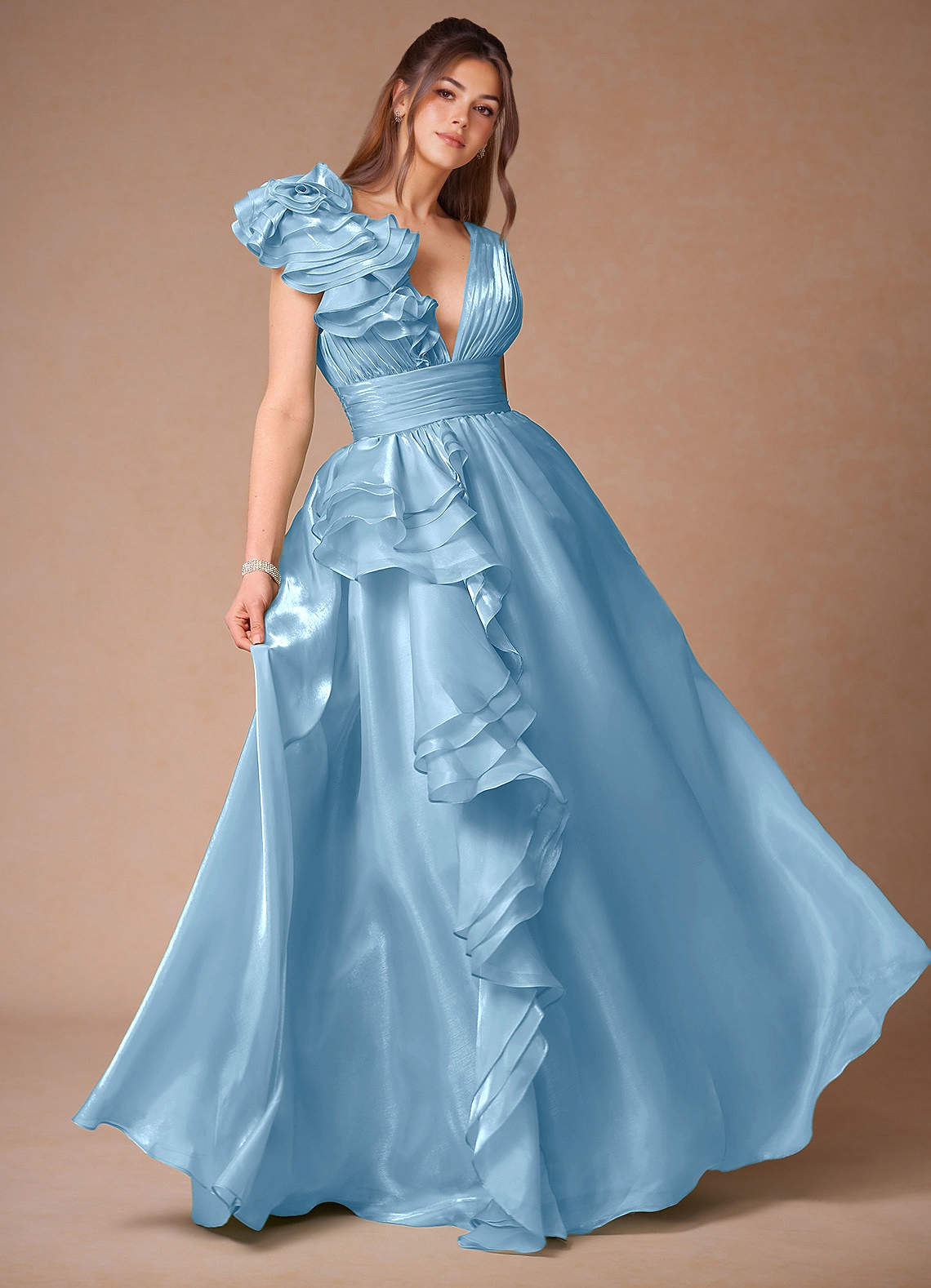 Vespera Mint Blue Ruffles Gown  Dress