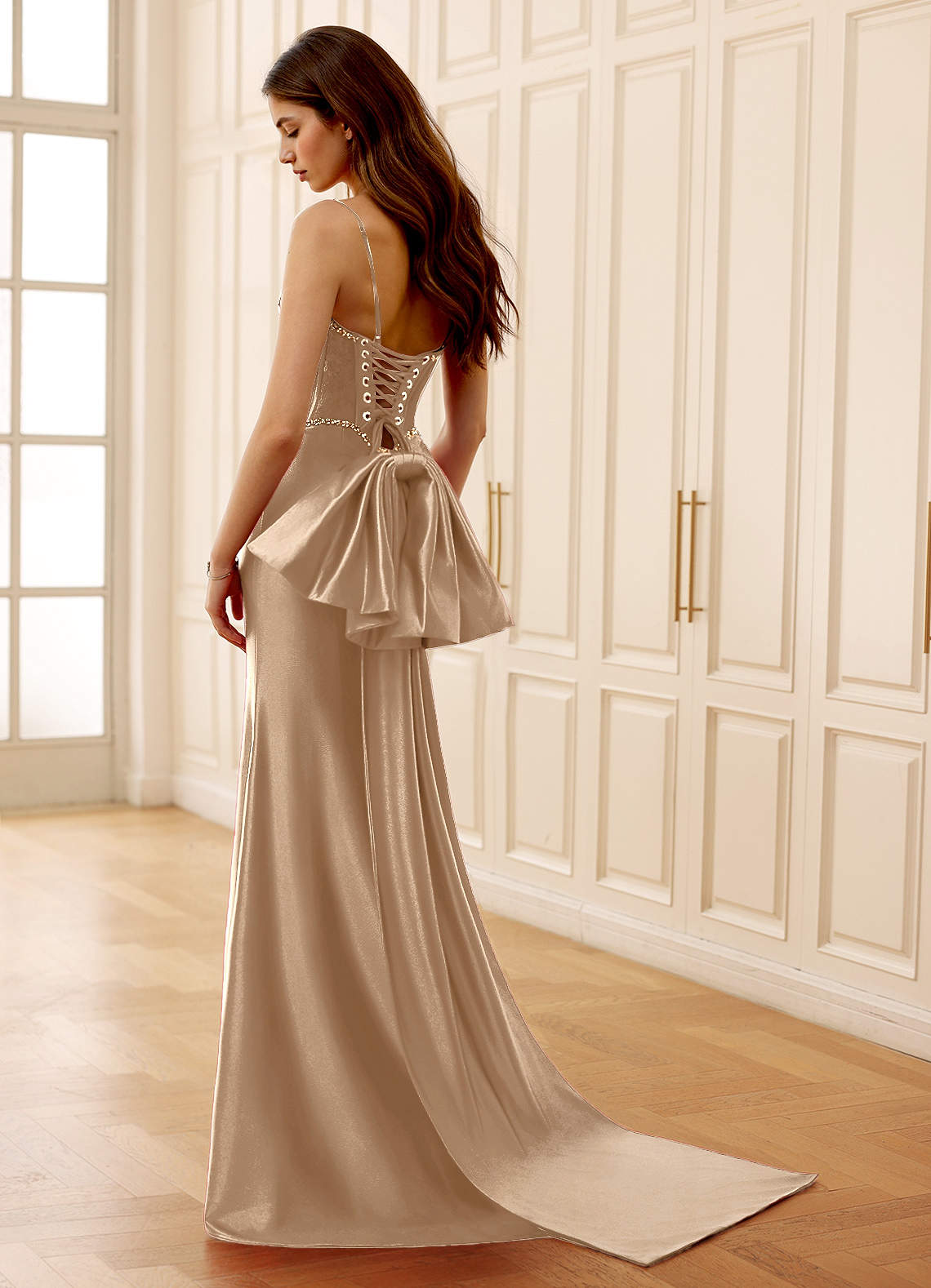 Arizona Champagne Corset Rhinestone Lace Prom Dress