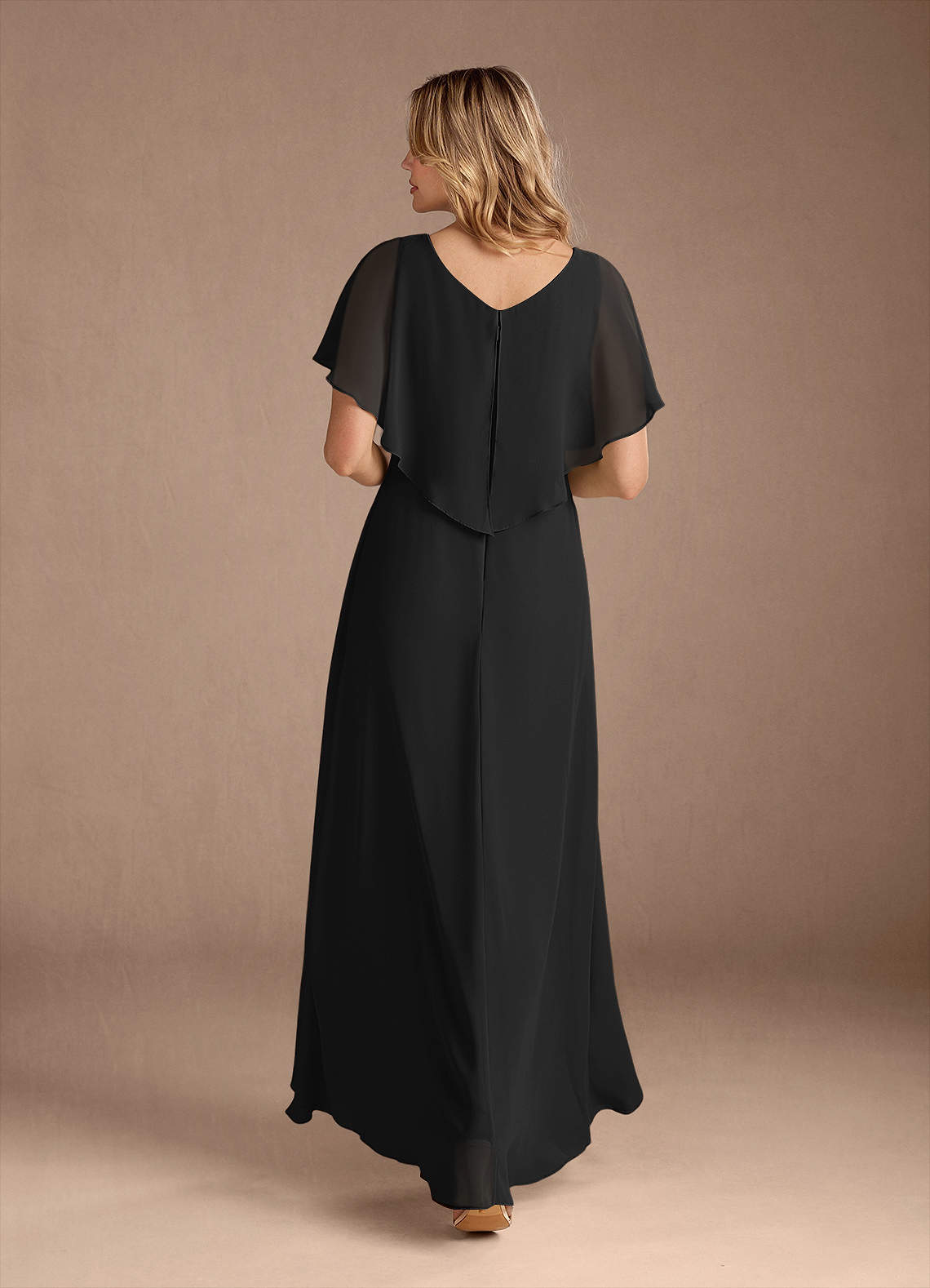 Black A-Line V-Neck Pleated Chiffon Dress