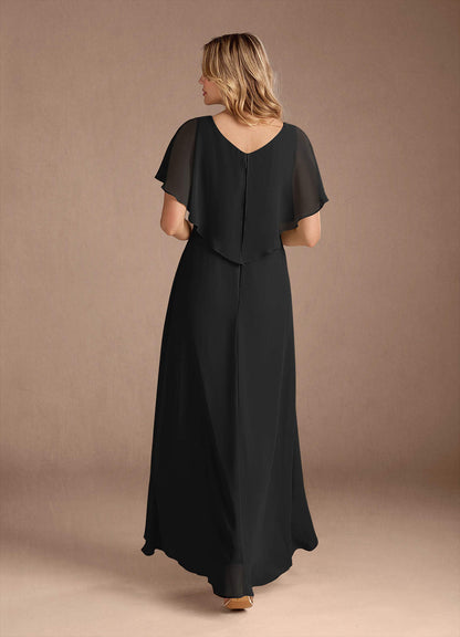 Black A-Line V-Neck Pleated Chiffon Dress