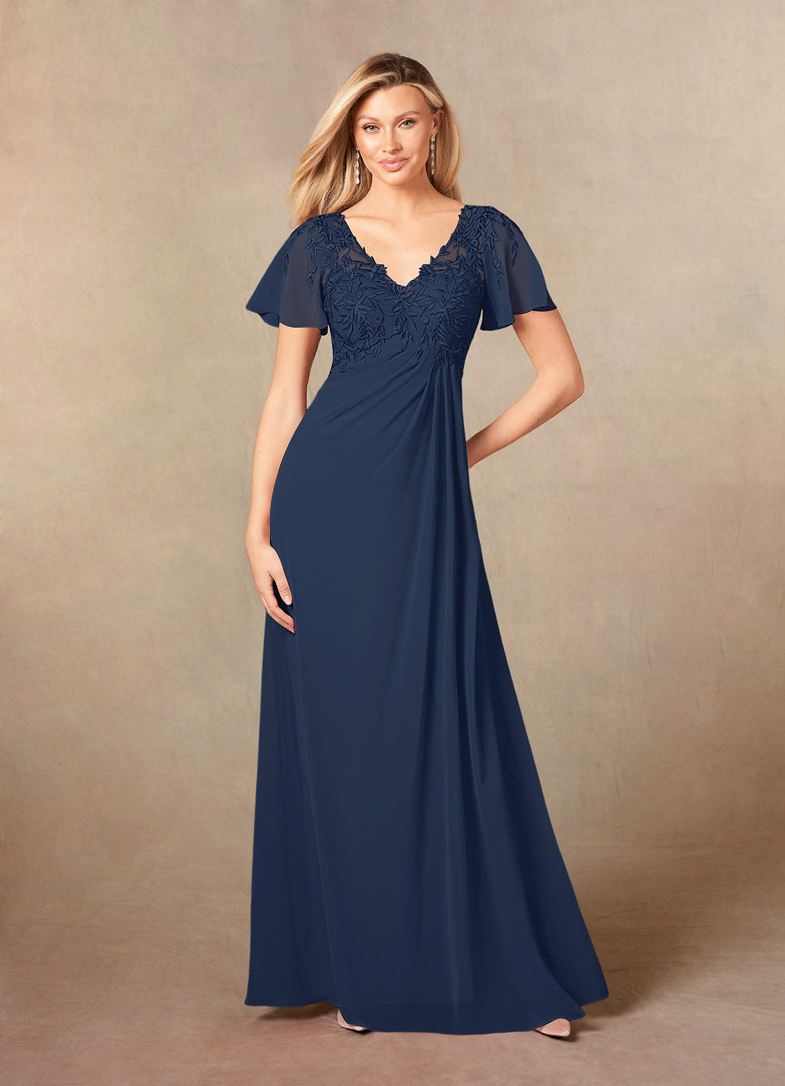 Dark Navy A-Line V-Neck Lace Chiffon Dress