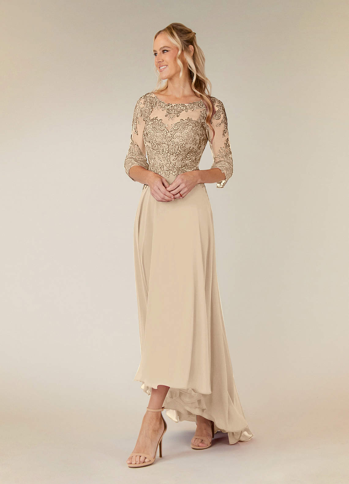Champagne A-Line Lace Chiffon Dress
