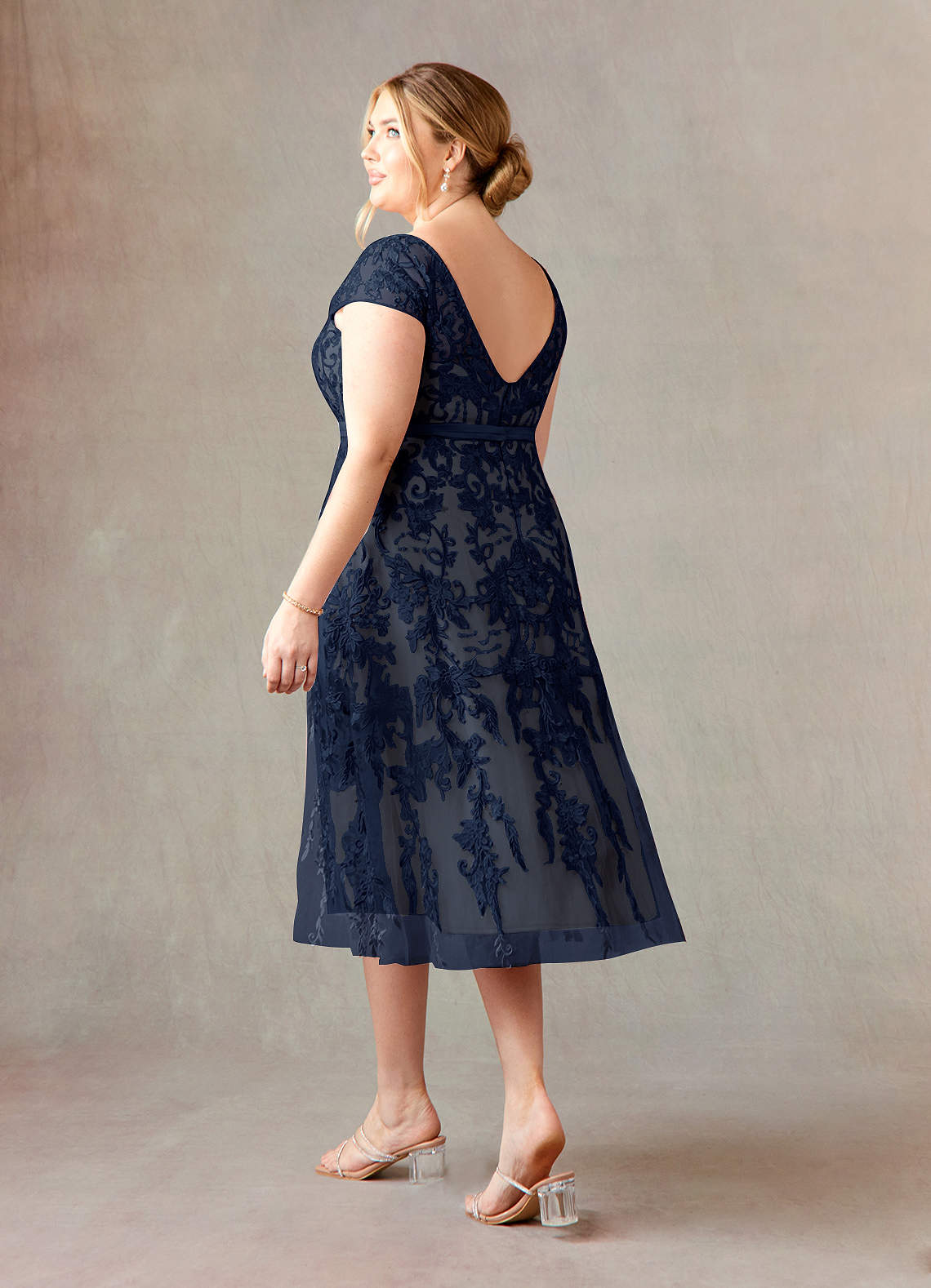 Dark Navy Champagne A-Line Scoop Lace Tulle Dress