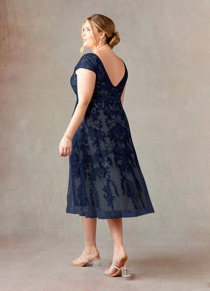 Dark Navy Champagne A-Line Scoop Lace Tulle Dress