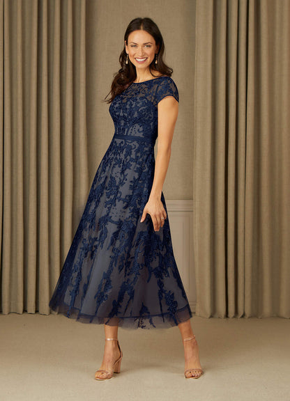 Dark Navy Champagne A-Line Scoop Lace Tulle Dress