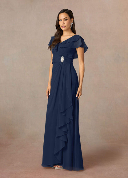 Dark Navy A-Line V-Neck Ruched Chiffon Dress