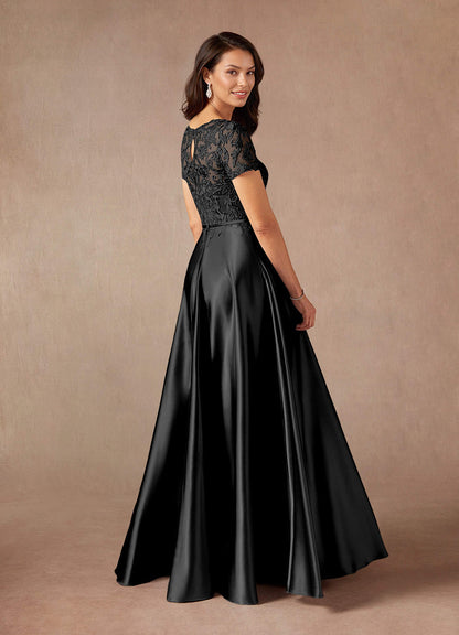Black A-Line Lace Metallic Satin Dress