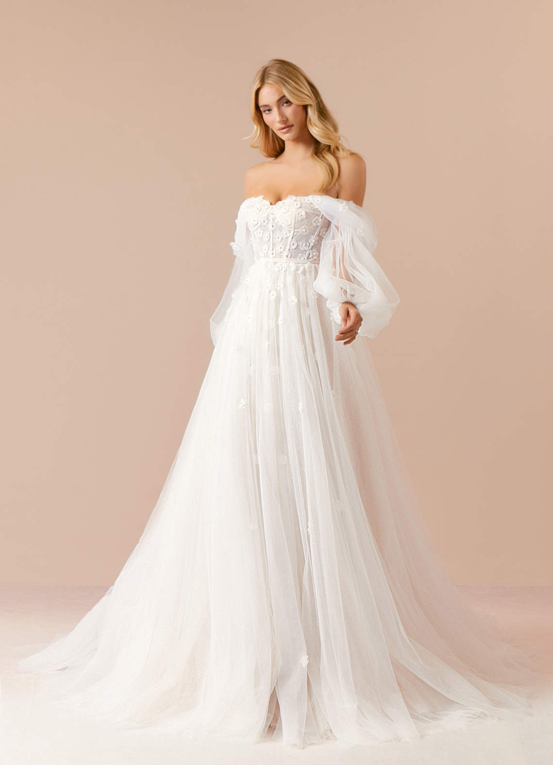Diamond White Champagne A-Line Off the Shoulder Tulle Dress