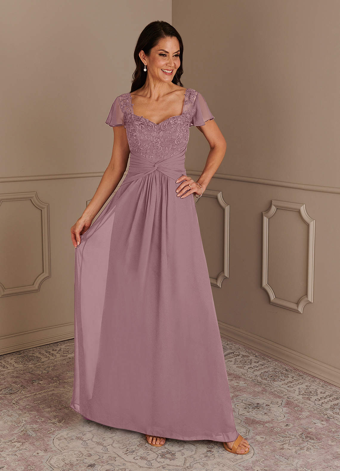 Dusty Rose A-Line Lace Chiffon Dress