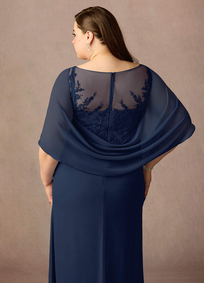 Dark Navy A-Line Lace Capelet Chiffon Dress
