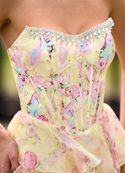 Papapym Yellow Printed Flowers Prom Dress