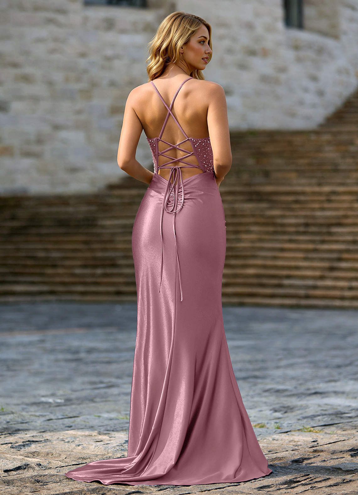 Aunidrey Dusty Pink Mermaid Stretch Satin Prom Dress  Stretch