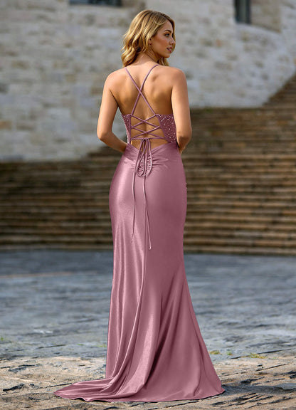 Aunidrey Dusty Pink Mermaid Stretch Satin Prom Dress  Stretch