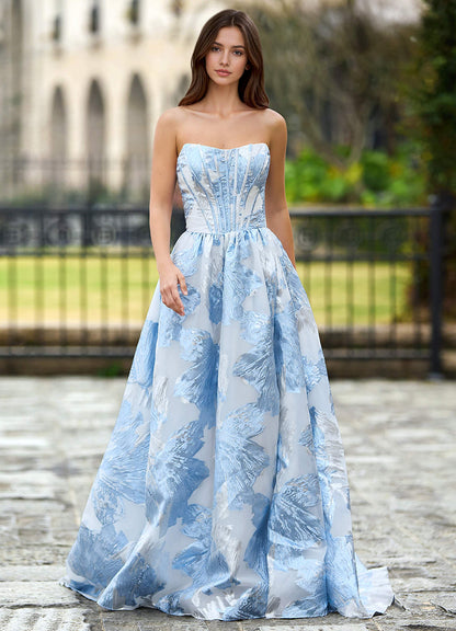 Thalia Sky Blue Enchanted Garden Lace-Up A-Line Prom Dress