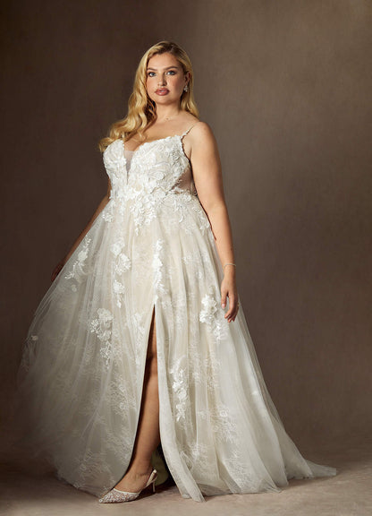 Diamond White Champagne A-Line Lace Tulle Dress