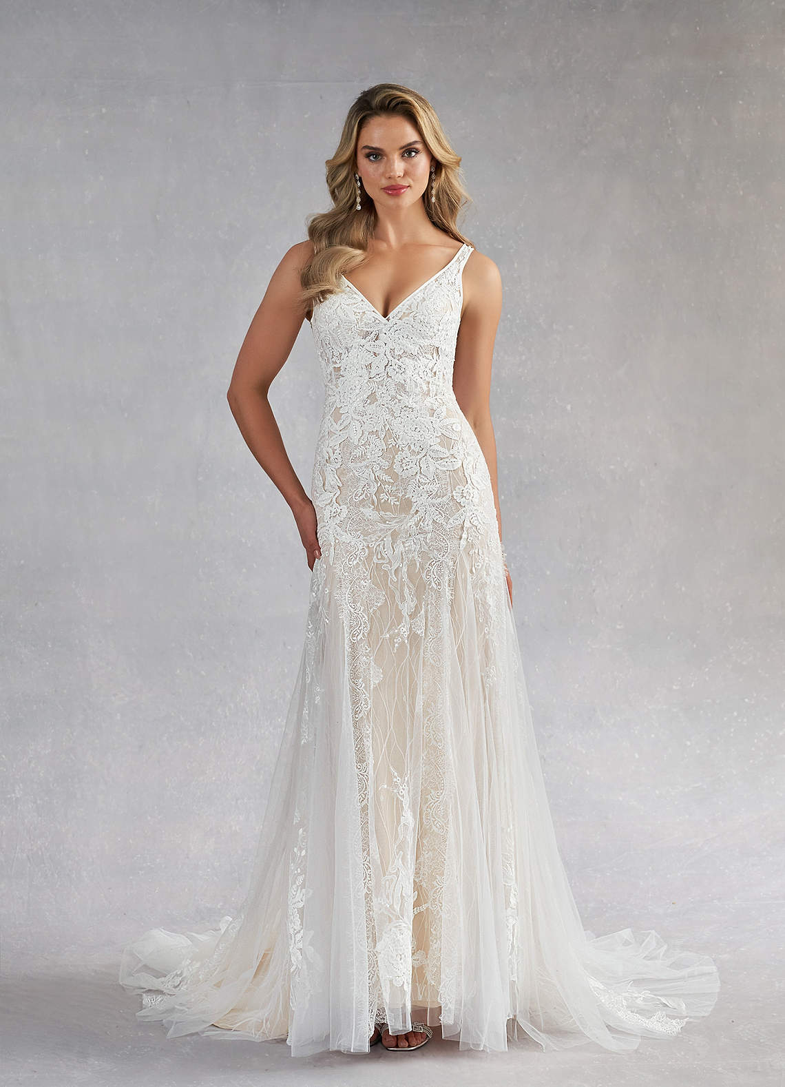 Diamond White Champagne Mermaid Sequins Tulle Dress