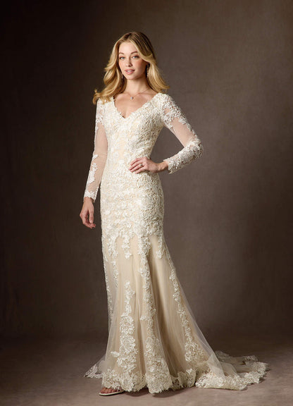 Diamond White Champagne Mermaid V-Neck lace Tulle Dress