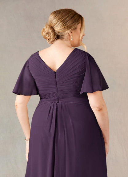 Plum A-Line V-Neck Ruched Chiffon Dress