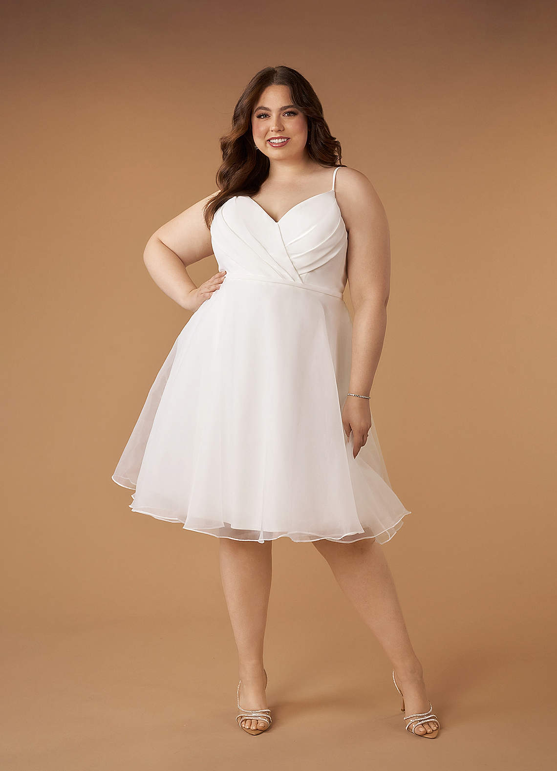Diamond White A-Line V-Neck Pleated Stretch Crepe Dress