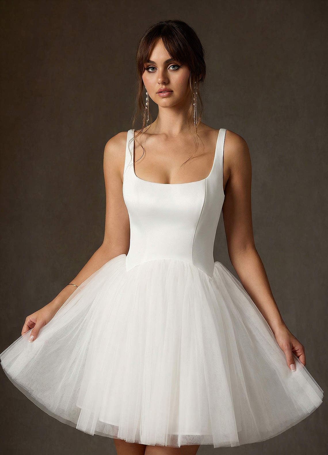 Diamond White A-Line Square Neckline Tulle Dress