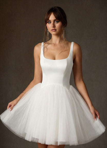 Diamond White A-Line Square Neckline Tulle Dress