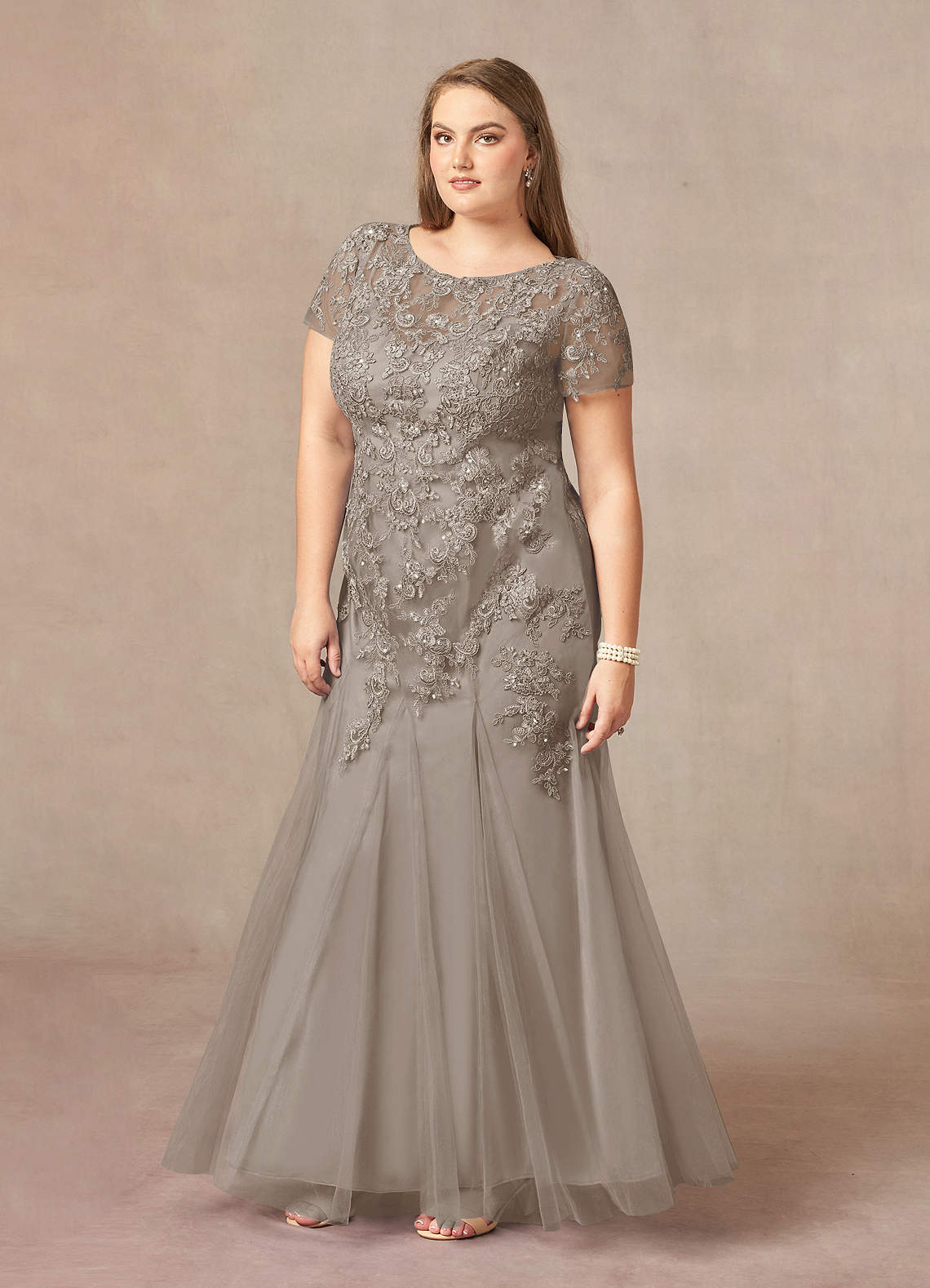 Taupe Mermaid Scoop Sequins Tulle Dress