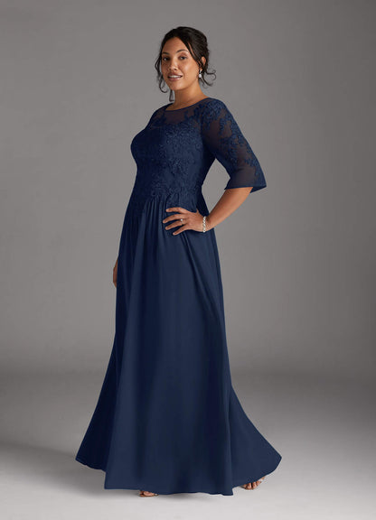 Dark Navy A-Line Scoop Lace Chiffon Dress