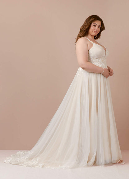 Diamond White Champagne A-Line V-Neck Lace Tulle Dress