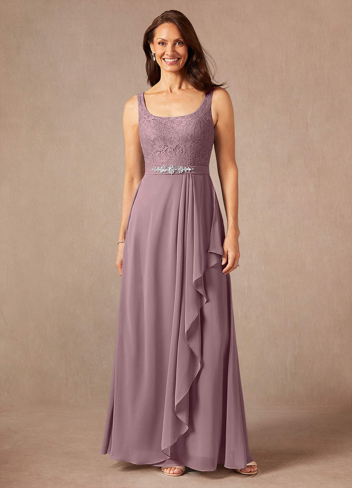 Dusty Rose A-Line Square Neckline Lace Chiffon Dress