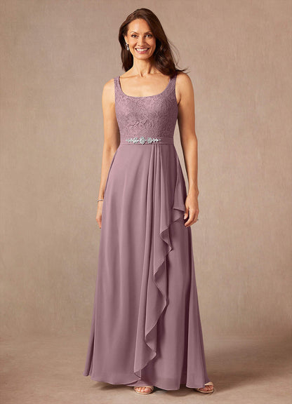 Dusty Rose A-Line Square Neckline Lace Chiffon Dress