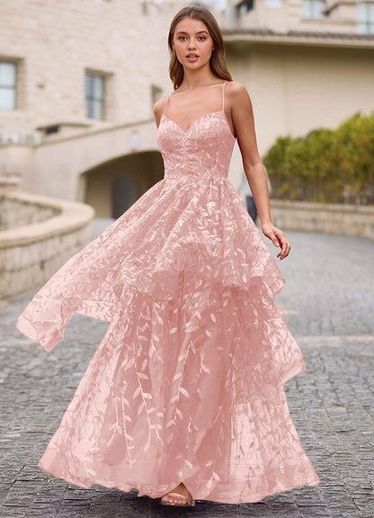 Valentina Pink Embroidered Jacquard Sheer Prom Dress  Dress