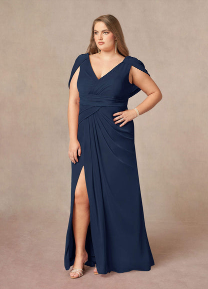 Dark Navy Mermaid V-Neck Pleated Mesh Dress