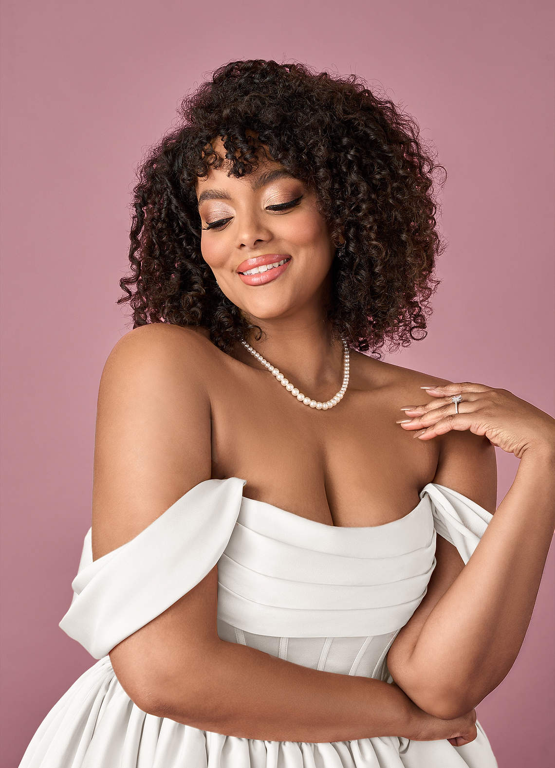 Diamond White Ball-Gown Off the Shoulder Stretch Satin Dress Diamond White