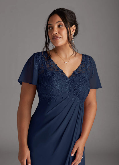 Dark Navy A-Line V-Neck Lace Chiffon Dress