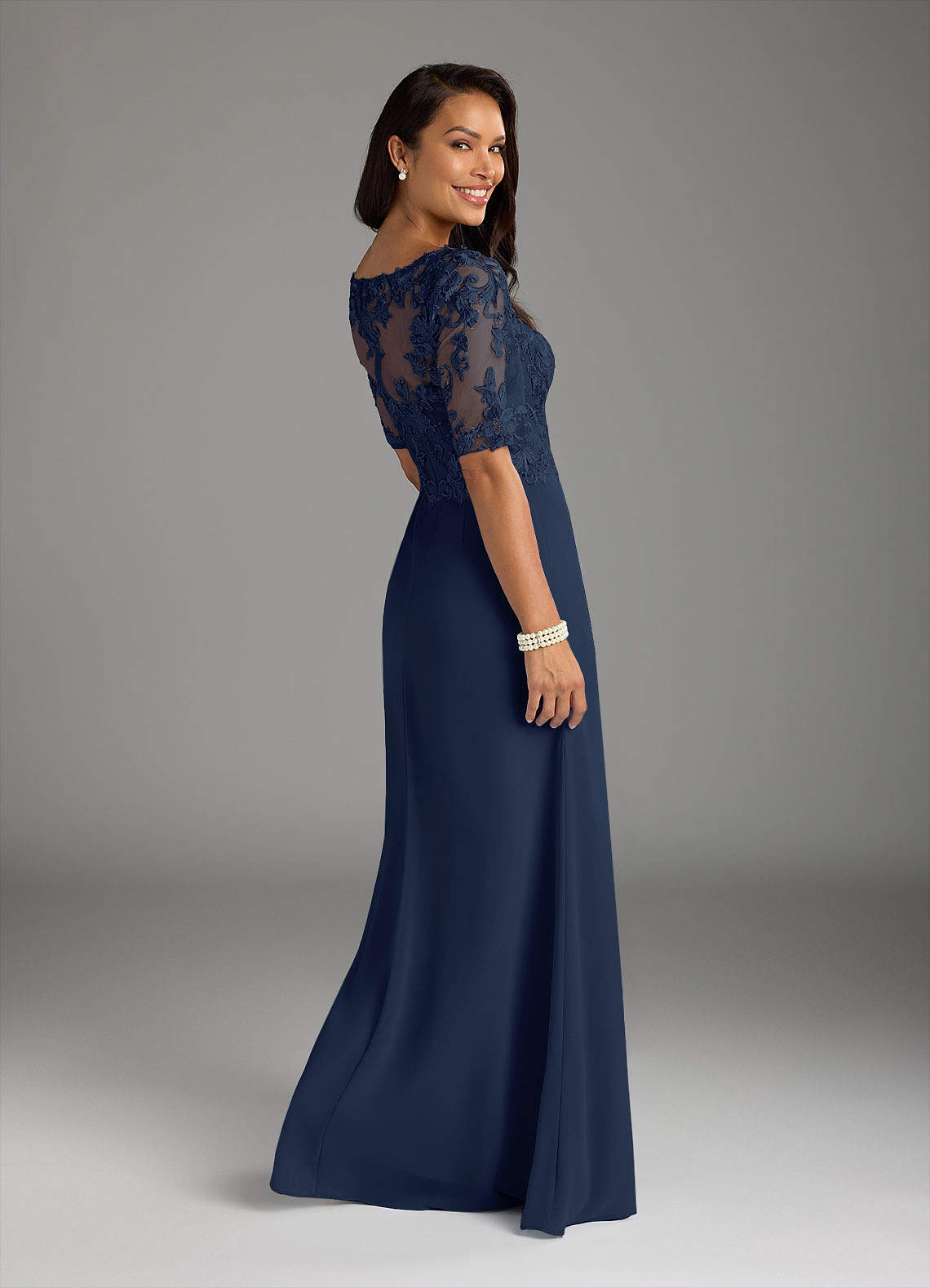 Dark Navy A-Line V-Neck Lace Chiffon Dress