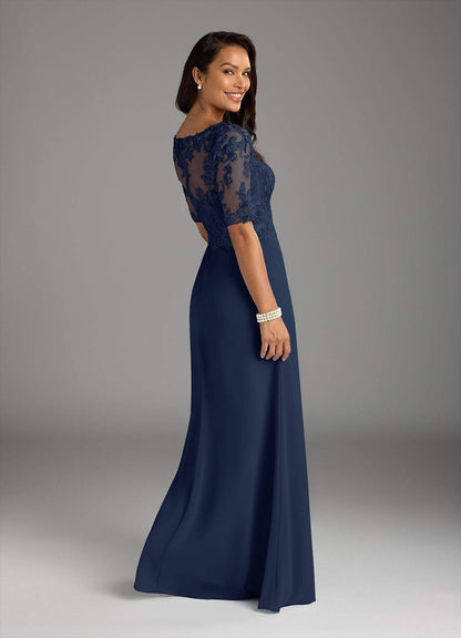 Dark Navy A-Line V-Neck Lace Chiffon Dress