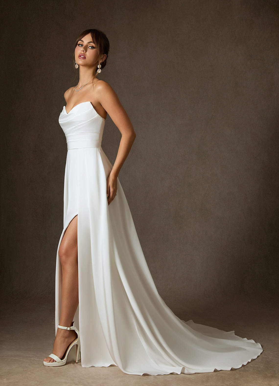 Diamond White A-Line Sequins Crepe Back Satin Dress