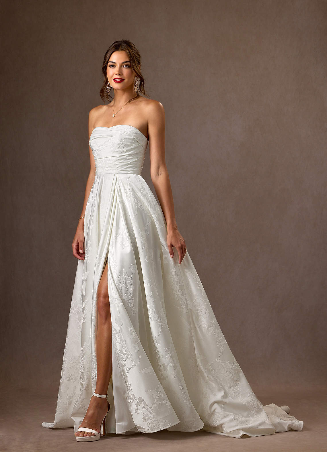 Diamond White A-Line Strapless Floral Jacquard Dress