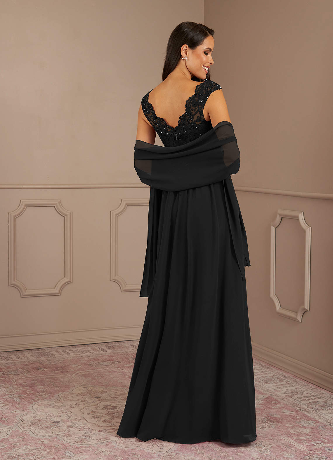 Black A-Line V-Neck Sequins Chiffon Dress