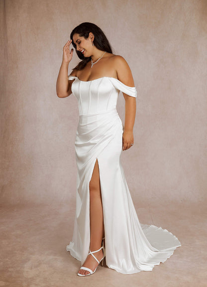 Diamond White Mermaid Off the Shoulder Stretch Satin Dress