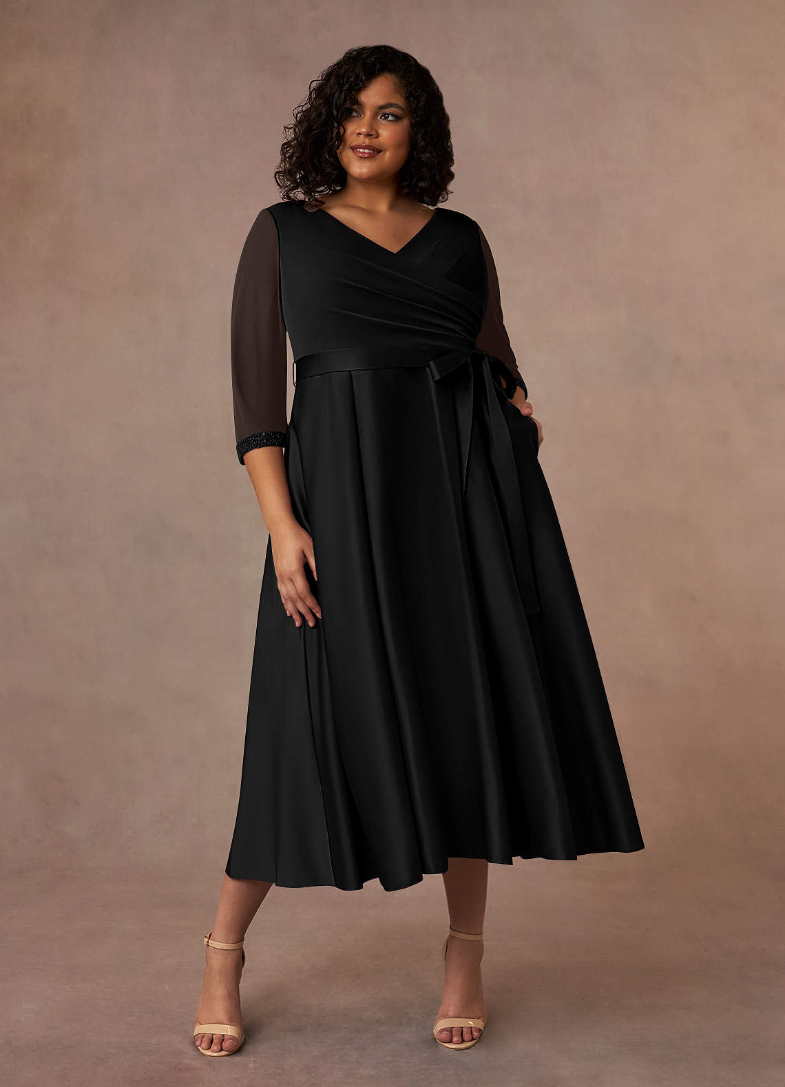 Black A-Line Pleated Matte Satin Dress