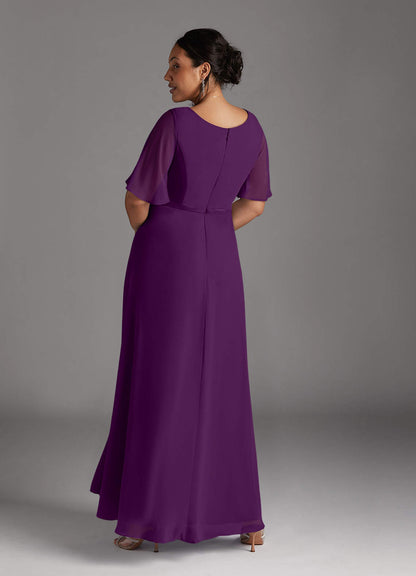 Grape A-Line V-Neck Pleated Chiffon Dress