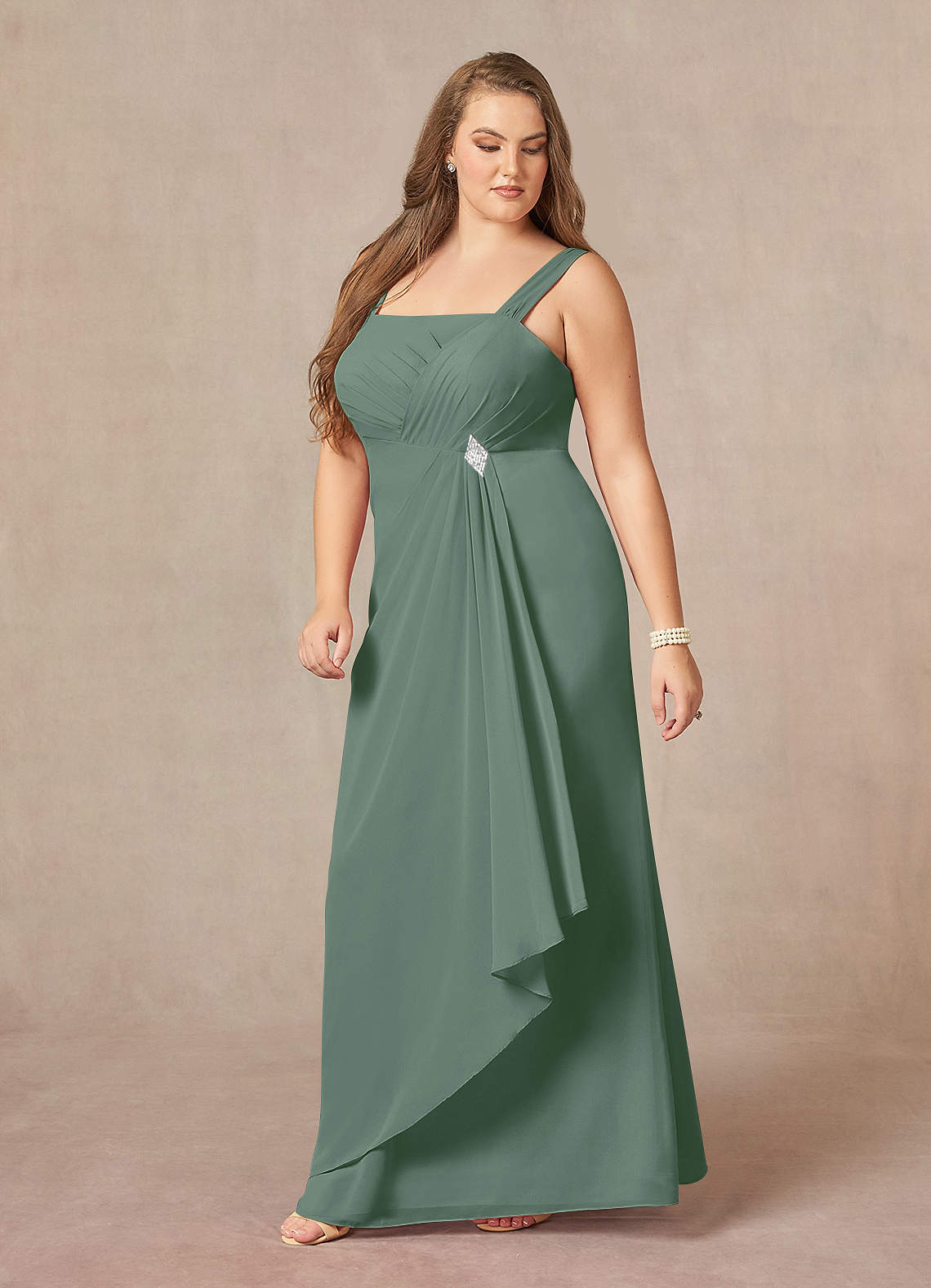 Eucalyptus A-Line Square Neckline Pleated Chiffon Dress
