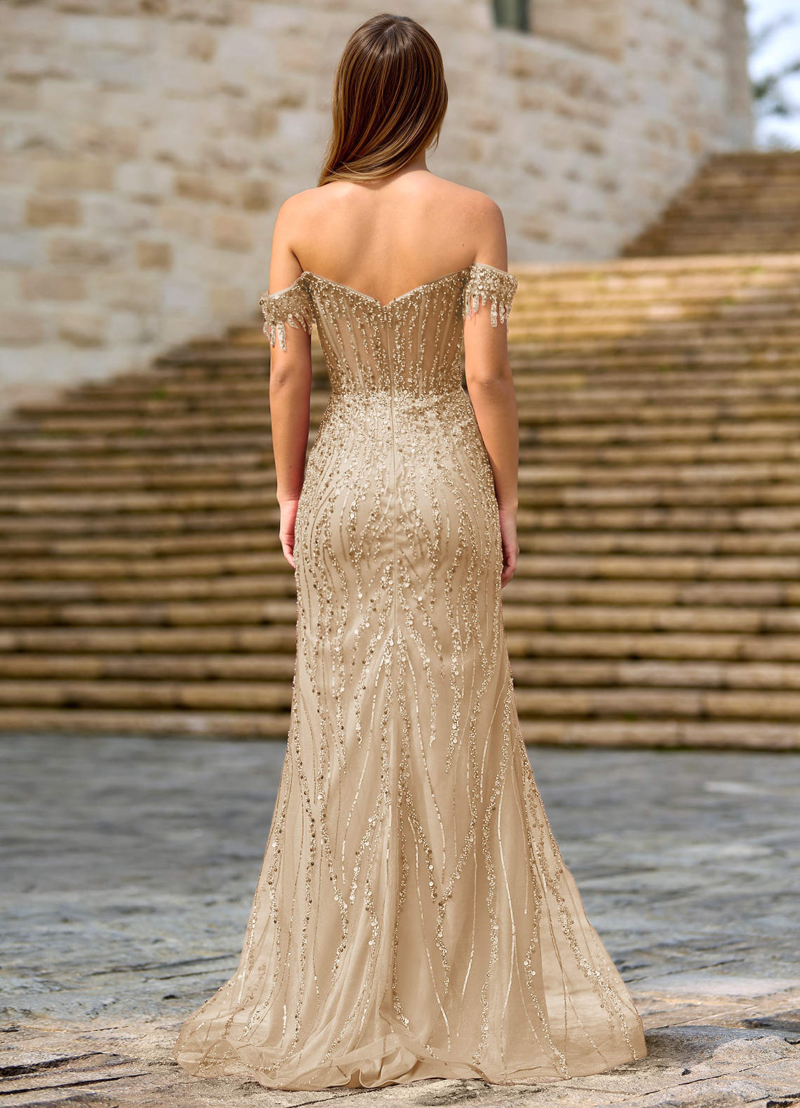 Zinanam Champagne A-Line 3D Flowers Prom Dress