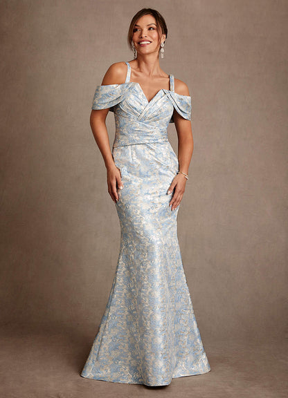 Dusty Blue Mermaid Off the Shoulder Floral Jacquard Dress
