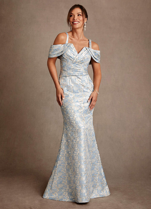 Dusty Blue Mermaid Off the Shoulder Floral Jacquard Dress
