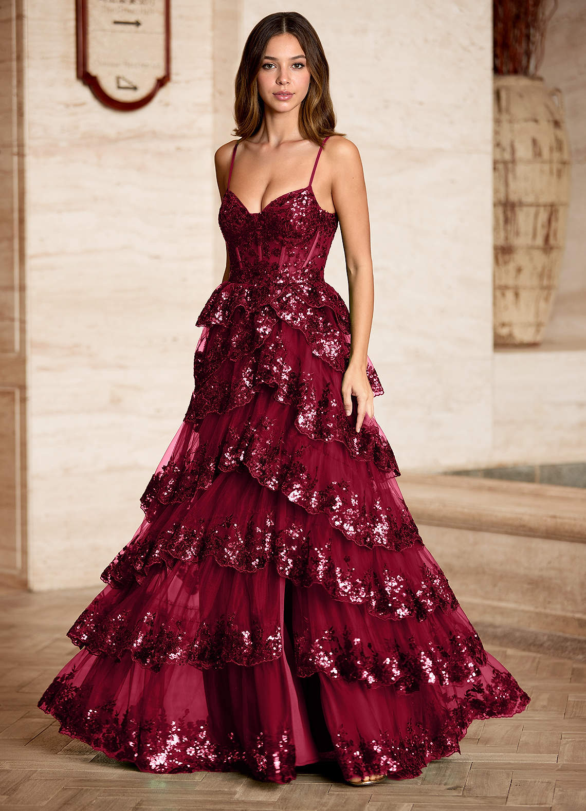 Tindra Burgundy Sequins Ruffles Prom Dress  Dress