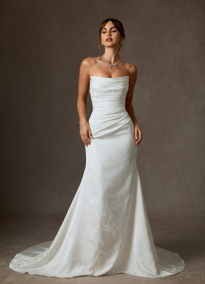 Diamond White Mermaid Strapless Floral Jacquard Dress