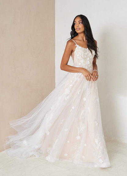 Diamond White Champagne A-Line Sequins Tulle Dress