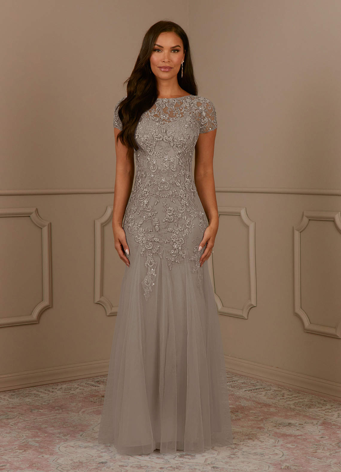 Taupe Mermaid Scoop Sequins Tulle Dress